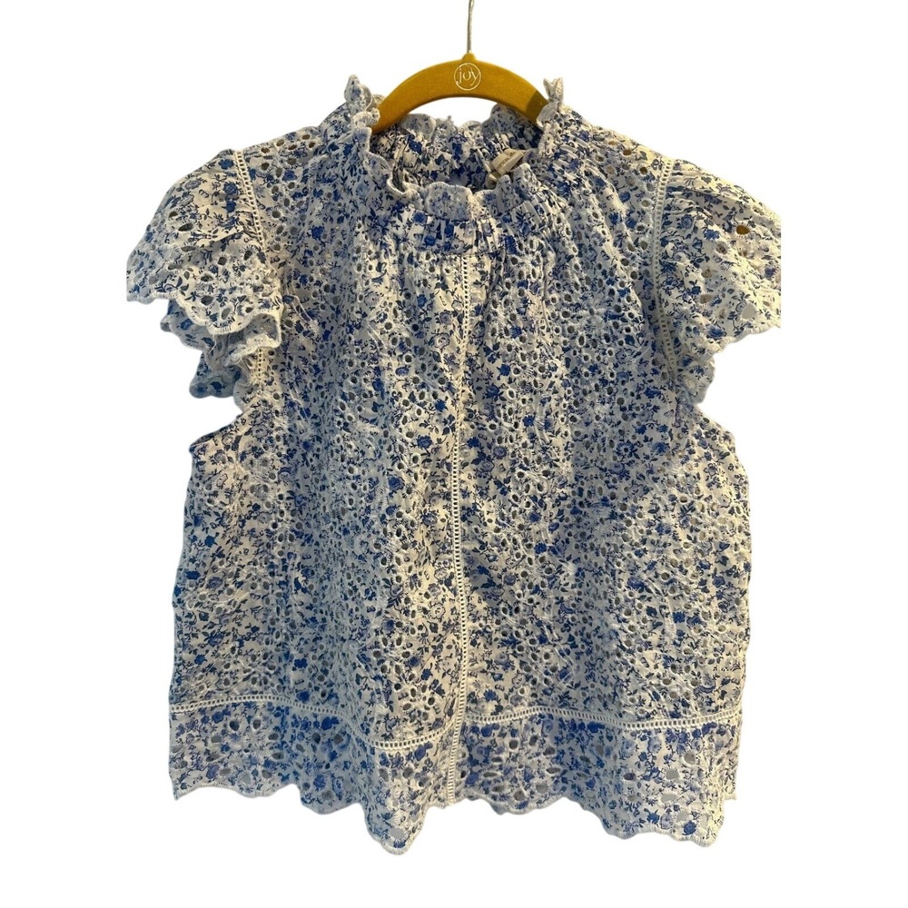 Jennifer & Grace Blue Floral Eyelet Lace Ruffle Neck Blouse NEW Small
